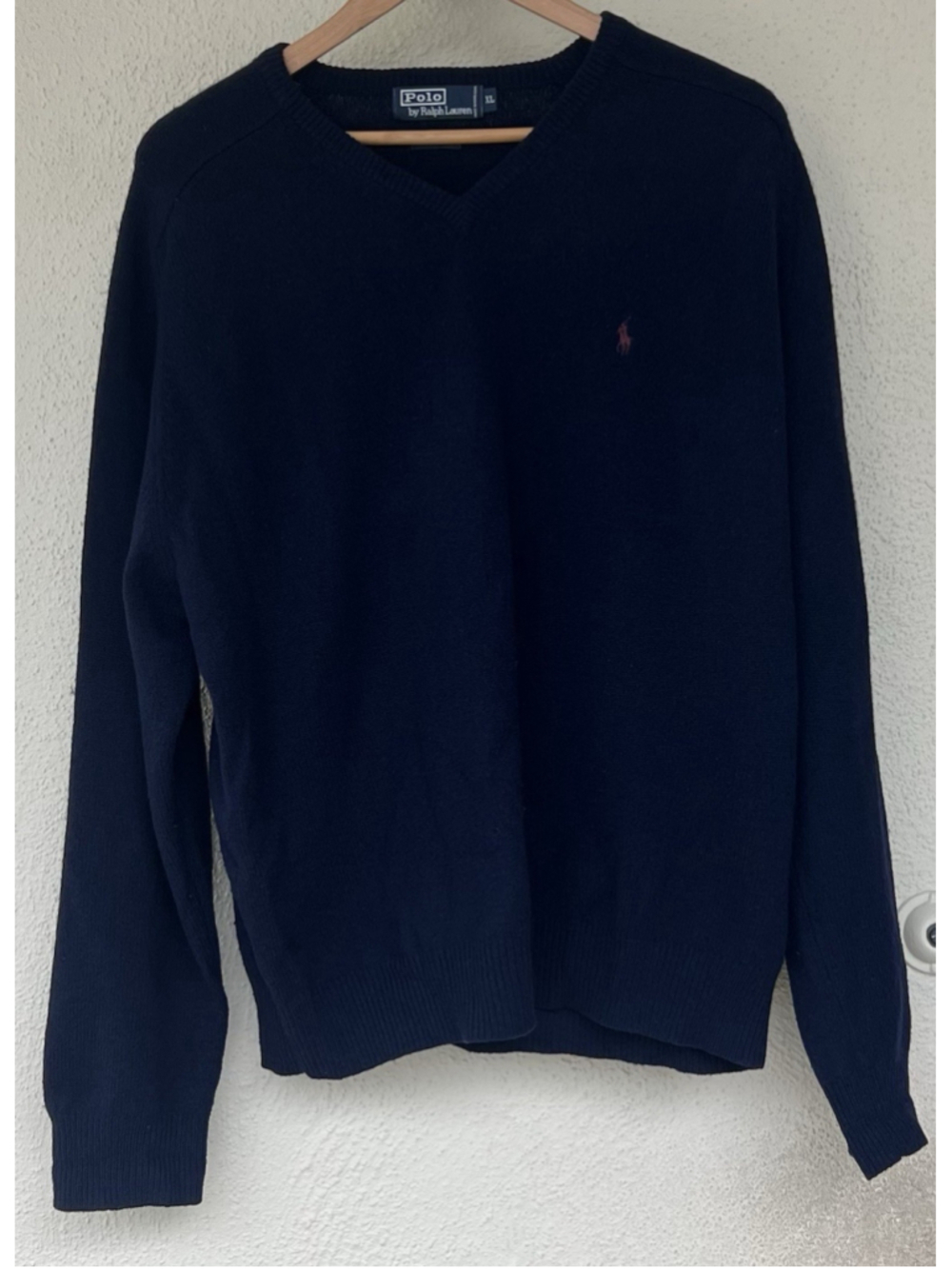 Polo Ralph Lauren Sweater Mens XL Navy Blue Lambswool V Neck Red Pony Logo